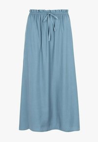 Jupe longue de couleur bleu clair en tissu doux, avec une taille élastique et un cordon de serrage pour un ajustement réglable.