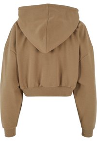 Sweat à capuche court marron avec manches longues, poignets côtelés et une large ceinture côtelée, vu de dos.