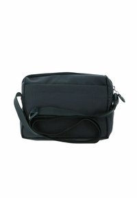 Borsa a tracolla verde scuro in tessuto strutturato, con chiusura a zip, tracolla regolabile e forma rettangolare semplice.