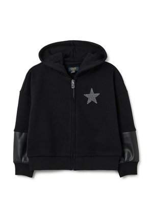 Hoodie noir zippé avec capuche, design d'étoile brillante sur la poitrine, et empiècements en simili cuir sur les manches inférieures, bords côtelés aux poignets et à l'ourlet.