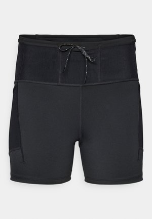 Black athletic shorts with a high waistband, textured upper panel, and drawstring. Features flatlock stitching and side pockets.