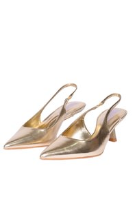 Décolleté con tacco a scomparsa in materiale metallico oro lucido. Design a punta con tacco basso e robusto e lati aperti per un aspetto elegante.