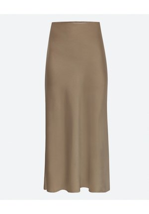 Jupe marron taille haute longueur midi avec tissu lisse légèrement évasé et ourlet net sur fond uni.