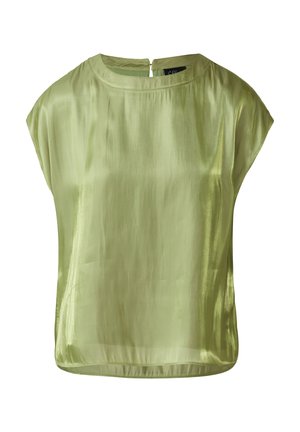 Top à manches courtes en satin léger vert clair avec un col rond et un détail en forme de trou de serrure au dos. Texture lisse avec une coupe ample et fluide.