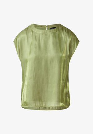 Koszulka z krótkim rękawem w jasnym zielonym satynie z okrągłym dekoltem i detalem w kształcie dziurki na plecach. Gładka faktura, luźny, zwiewny krój.