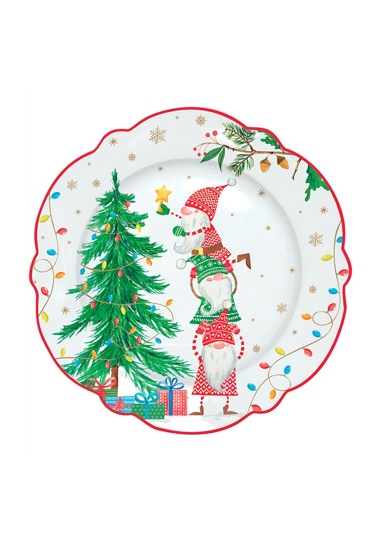 Piatto rotondo in ceramica bianca con bordo scallop, presenta un'illustrazione colorata di un albero di Natale e figure di Babbo Natale, decorate con luci.