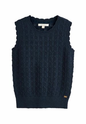 Marineblauer, gestrickter, ärmelloser Pulloverweste mit gerippten Kanten und dezentem Strukturmuster, Größe klein, Marke Laura Ashley.