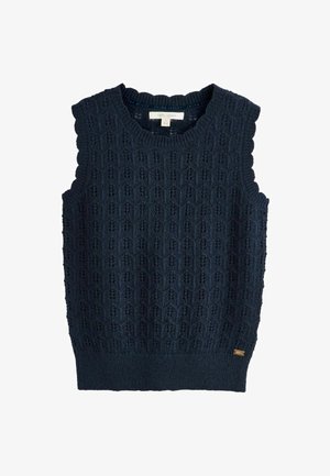 Marineblauer, gestrickter, ärmelloser Pulloverweste mit gerippten Kanten und dezentem Strukturmuster, Größe klein, Marke Laura Ashley.