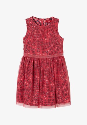 Robe rouge sans manches pour fille avec ceinture pailletée, motif papillon et cœur, jupe froncée et fermeture éclair au dos.