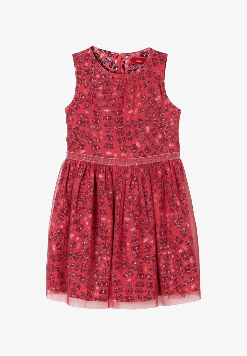 Robe rouge sans manches pour fille avec ceinture pailletée, motif papillon et cœur, jupe froncée et fermeture éclair au dos.