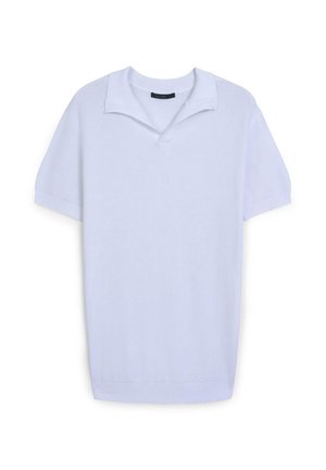 Polo shirt blu chiaro a maniche corte con colletto a V. Realizzato in morbido tessuto lavorato a maglia, presenta un design classico e bordi rigati.
