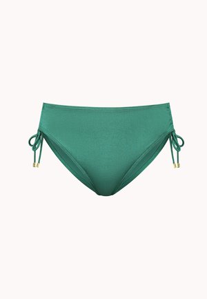 Zelené bikiny s bočními vázáními, s akcenty zlatého kovu. Hladký materiál a střední krytí, navržené pro nošení jako plavky.