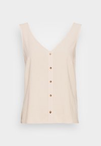 Haut sans manches à col en V en tissu beige clair avec fermeture à boutons. Comprend cinq boutons ronds et une coupe décontractée. Texture lisse, sans motifs.