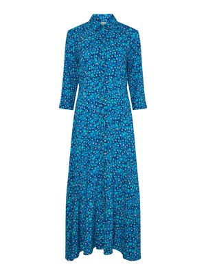 Vestido largo azul con estampado floral, cuello, mangas tres cuartos y una falda fluida. Presenta una mezcla vibrante de tonos azules y pequeños patrones en blanco y rosa.