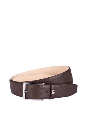 Dark brown textured leather belt with silver rectangular buckle, rolled with beige inner lining visible.