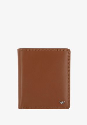 Brown leather bifold wallet with visible stitching and a small silver emblem in the bottom right corner on a white background.