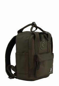 Dark olive green backpack made of durable fabric, featuring two top handles, a front pocket, and logo detail on the side.