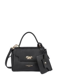 Borsa a mano in pelle nera con una forma strutturata, accessori in dorato e un'etichetta rimovibile. Dotata di manico superiore e tracolla regolabile.