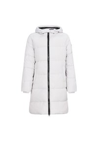Giacca puffa bianca con cappuccio, dotata di una cerniera nera, maniche lunghe, due tasche laterali e polsini a costine. Materiale liscio e isolante.