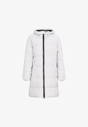 Biała kurtka puchowa z kapturem, z czarnym zamkiem, długimi rękawami, dwoma bocznymi kieszeniami i ściągaczami przy mankietach. Gładki, izolowany materiał.