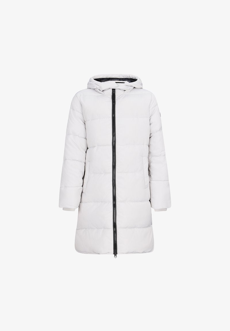 Giacca puffa bianca con cappuccio, dotata di una cerniera nera, maniche lunghe, due tasche laterali e polsini a costine. Materiale liscio e isolante.