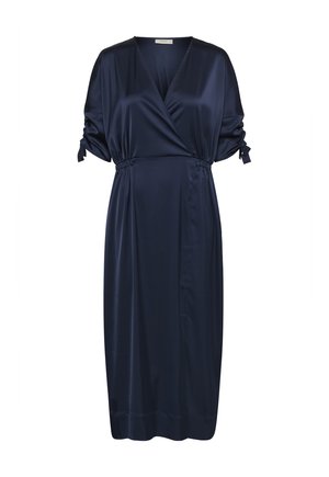 Vestido midi de satén azul marino con escote en V, mangas cortas fruncidas atadas en los puños, cintura elástica y corte relajado.