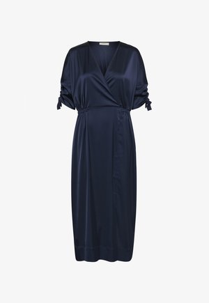 Laivastonsininen satiininen midimekko, jossa V-pääntie, lyhyet rypytetyt hihat, jotka on sidottu kalvosimiin, joustava vyötärö ja rento istuvuus.