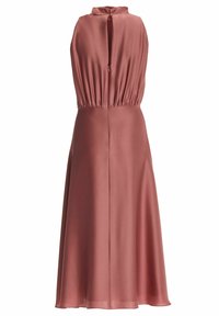 Robe midi rose poudrée sans manches avec corsage froncé, col haut et fermeture au dos avec trou goutte.