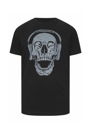 Sort T-shirt med en stor grå kranie med hovedtelefoner og åben mund, centreret foran.