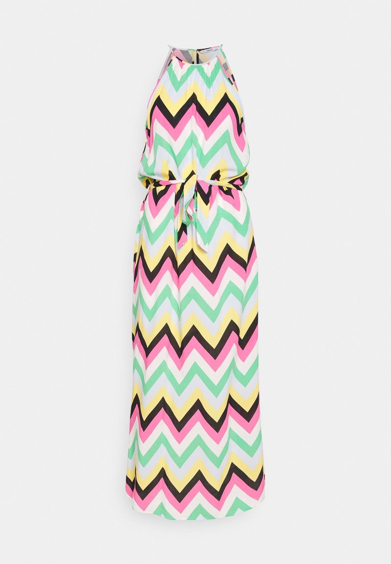 Robe sans manches, longueur cheville, avec col halter et ceinture, présentant un motif en zigzag en vert, rose, jaune, noir et blanc.