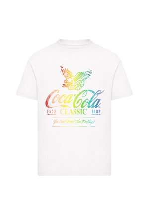WeißesT-Shirt mit einem regenbogenfarbenen Vintage Coca-Cola Classic Logo, einem Adlergrafik mit "Always" und dem Slogan "You Can't Beat The Feeling!"