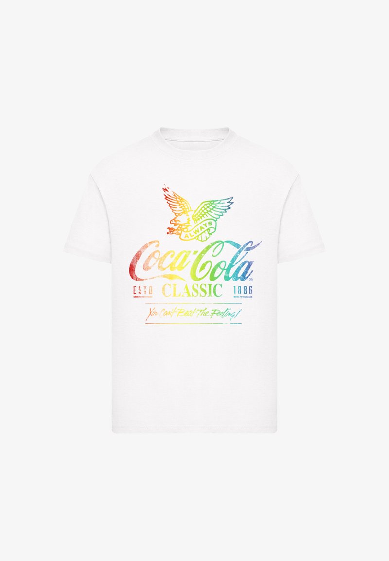 White T-shirt with a rainbow-colored vintage Coca-Cola Classic logo, eagle graphic with "Always," and slogan "You Can't Beat The Feeling!"