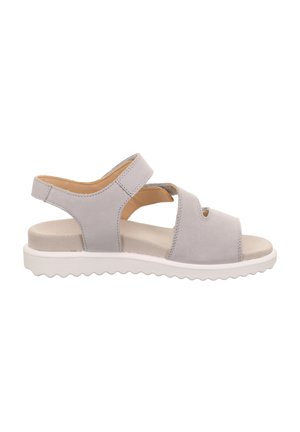Sandale en velours gris avec bout ouvert, sangles ajustables et semelle rembourrée. Elle dispose d'une semelle en caoutchouc blanc avec un motif ondulé.