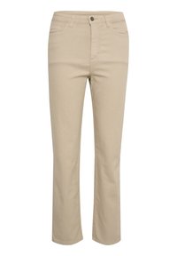 Pantaloni beige in cotone, caratterizzati da un design a gamba dritta, tasche frontali, patta zip e chiusura a un pulsante.