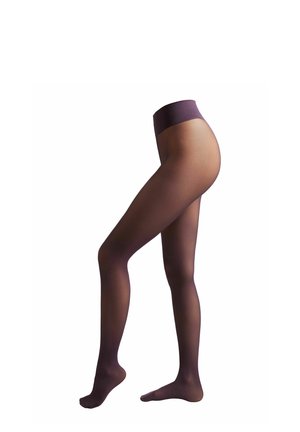 Undurchsichtige Strumpfhosen mit einem dunklen Bund und transparentem Bein, in einer glatten Textur, die eine dunkle Farbe mit subtilem Glanz zeigt.