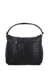 Borsa a mano in pelle nera con finitura testurizzata, manico superiore, chiusura con cerniera e tasca frontale. Presenta dettagli in metallo color oro.