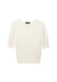 Cardigan tricoté de couleur crème avec des manches bouffantes courtes, un décolleté en V et une texture en festons ; présente un boutonnage sur le devant et un ourlet côtelé.