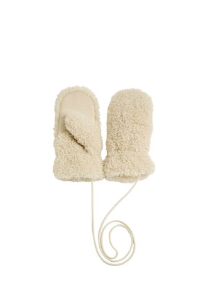 Paire de moufles crème et duveteuses reliées par un cordon, avec une moufle montrant sa doublure intérieure douce.