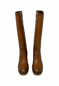 Botas de cuero marrón hasta la rodilla con punta redonda, textura suave, cremalleras laterales y suela acolchada.