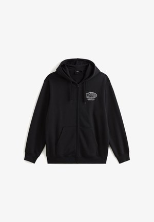 Sudadera con cremallera negra hecha de tela suave. Presenta un logotipo impreso en el frente y dos bolsillos laterales. Mangas largas con puños y dobladillo acanalados.