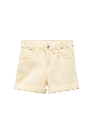 Short en jean beige avec revers, passants de ceinture, fermeture à boutons sur le devant, et poches avant et arrière.