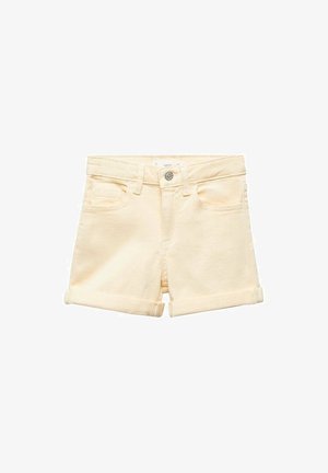Short en jean beige avec revers, passants de ceinture, fermeture à boutons sur le devant, et poches avant et arrière.