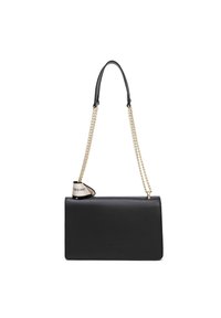 Borsa a tracolla in pelle nera con una forma rettangolare elegante, con dettagli in catena dorata e un'etichetta in tessuto con la scritta "CHRISTIAN" in rilievo.