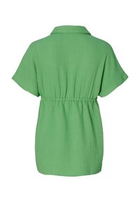 Groen shirtdress met een gestructureerd oppervlak, korte mouwen en een aangesloten taille. Heeft een kraag en een ontspannen pasvorm.