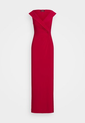 Robe maxi d'un rouge éclatant, en tissu lisse. Dotée d'un décolleté en V profond, de manches courtes, d'un twist drapé à l'avant et d'une silhouette ajustée.