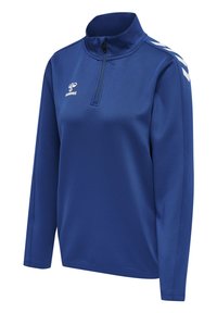 Blauwe sportieve pullover van gladde, lichte stof met een kwart-rits, hoge kraag en witte chevronaccenten op de mouwen.