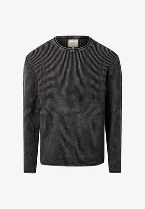 Schwarzer, strukturiert gestrickter Pullover mit rundem Ausschnitt und langen Ärmeln, der eine eng anliegende Passform und dezente Rippenstruktur aufweist.