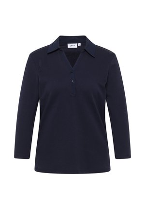 Polo a maniche lunghe navy realizzato in tessuto morbido, caratterizzato da un colletto a V, un colletto e una chiusura con tre bottoni. Design semplice e pulito.
