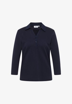 Polo de manga larga en color navy hecho de una tela suave, con cuello en V, cuello con solapa y tapeta de tres botones. Diseño simple y limpio.