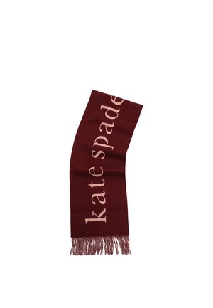 Écharpe bordeaux avec texte "kate spade" en rose clair et extrémités à franges, présentée à plat sur un fond blanc.